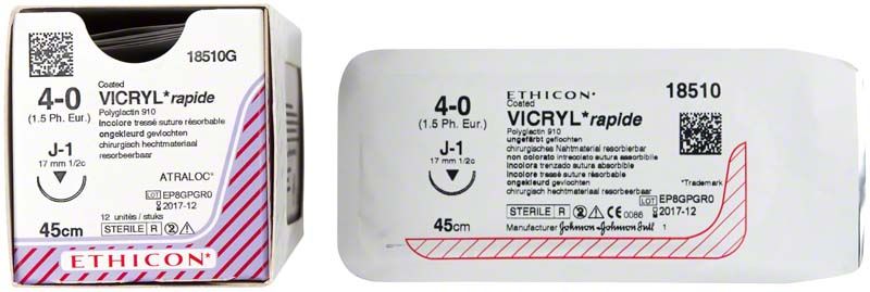 Ethicon Vicryl rapid Nahtmaterial 4/0, 45cm, unbeschichtet, J1-Nadel.