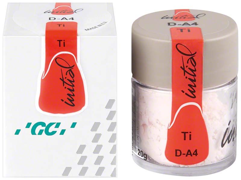 GC Initial Ti Dentin DA4 im Glasbehälter mit rotem Etikett.
