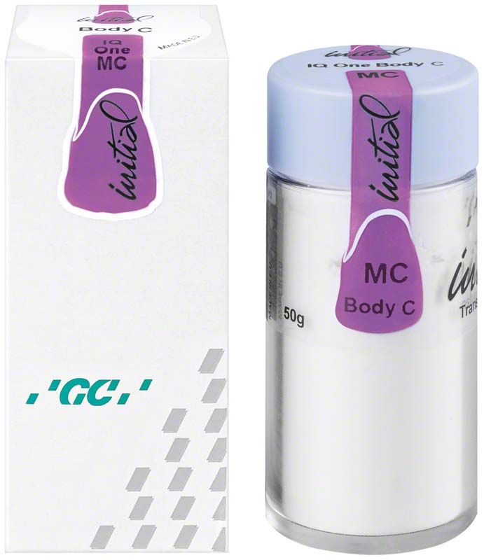 GC Initial IQ One Body L-o-M 50g Zahnpulver in Dose und Verpackung.
