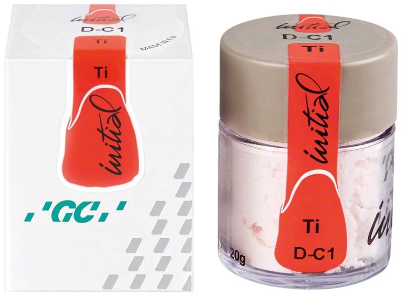 Glasflasche mit GC Initial Ti Dentin DC1 und grauem Deckel.