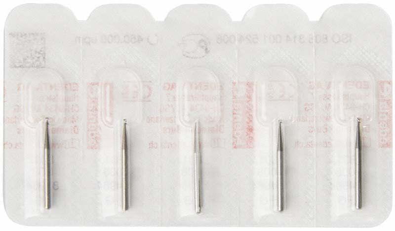 Packung mit fünf Diamantenschleifern FG 801 008 für Zahnmedizin.