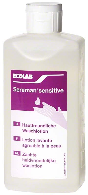Seraman™ sensitive Waschlotion 500ml mit hautfreundlichem Etikett auf weißer Flasche.
