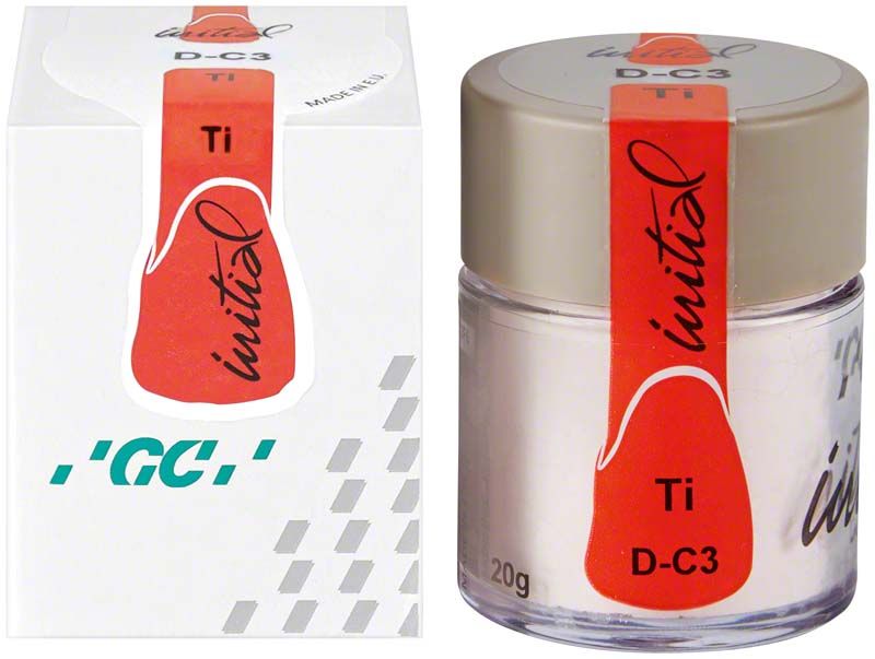 GC Initial Ti Dentin DC3 Zahnersatzmaterial in Glasbehälter mit Verpackung.