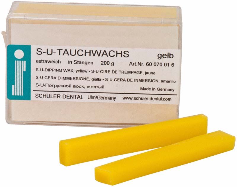S-U-Tauchwachs gelb, extra weich, mit Verpackung und zwei Wachsstangen.