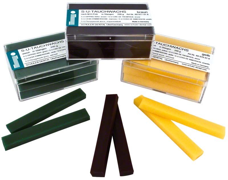 S-U-Tauchwachs in drei Farben mit Verpackung und Wachsstangen.
