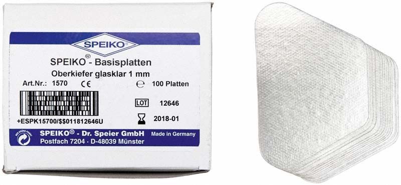 Speiko-Basisplatten, 100 Stück, glasklar, 1 mm, Verpackung und Plattenansicht.
