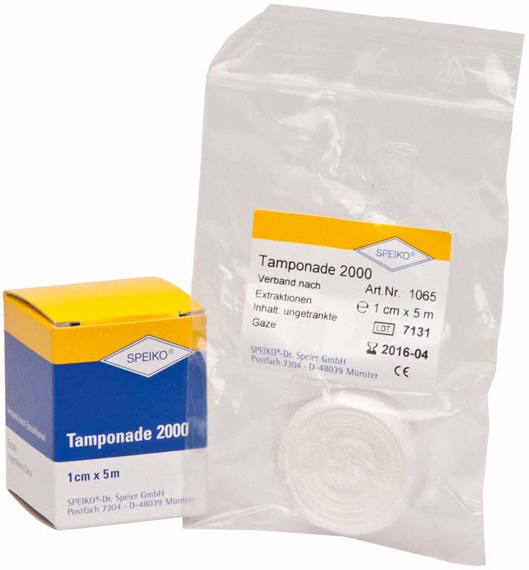 Tamponade 2000 ungetränkt, 1 cm x 5 m, in Verpackung und entrollter Rolle.