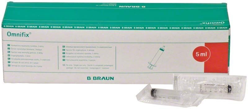 Omnifix Luer-Lock 5ml Einmalspritze mit Verpackung von B. Braun.