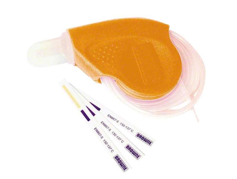 Helix Testsystem mit Indikatorstreifen zur Sterilisationsüberwachung in orangefarbenem Gehäuse.