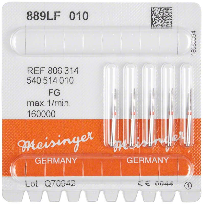 Verpackung von Diamant FG 889LF 010 rot mit fünf rot markierten Fräsen.