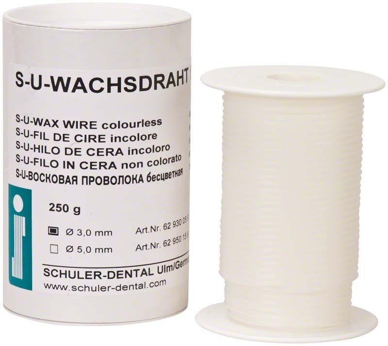S-U-Wachsdraht farblos Ø 3,0mm auf weißer Spule neben Verpackung.