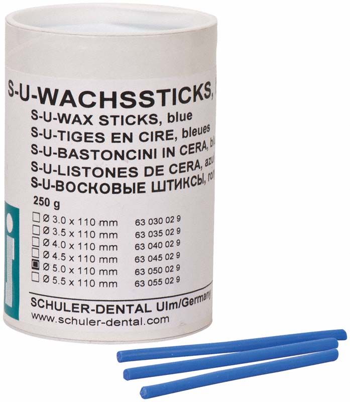 S-U-Wachssticks in blauer Farbe neben Verpackung.