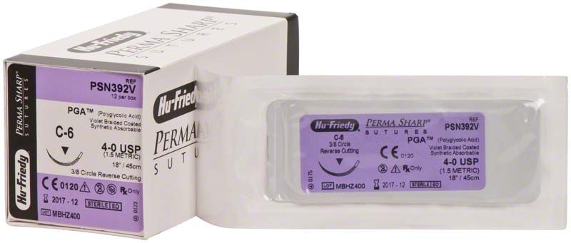 Perma Sharp Nahtmaterial PGA violett mit Nadel-Faden-Kombination in Verpackung.