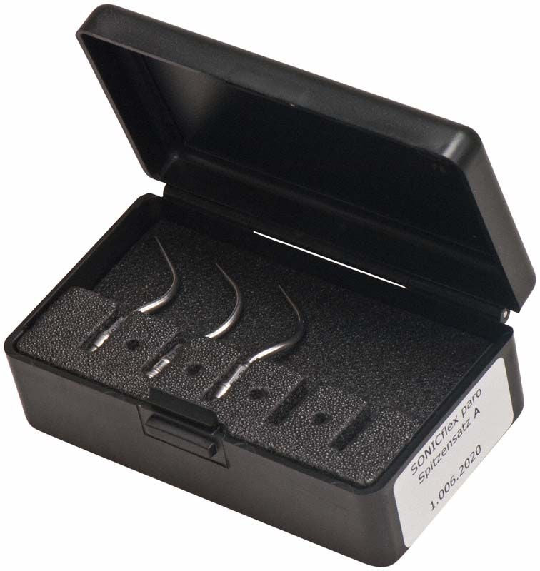 SONICflex paro Spitzensatz in schwarzem Etui mit vier gebogenen ZEG-Spitzen.