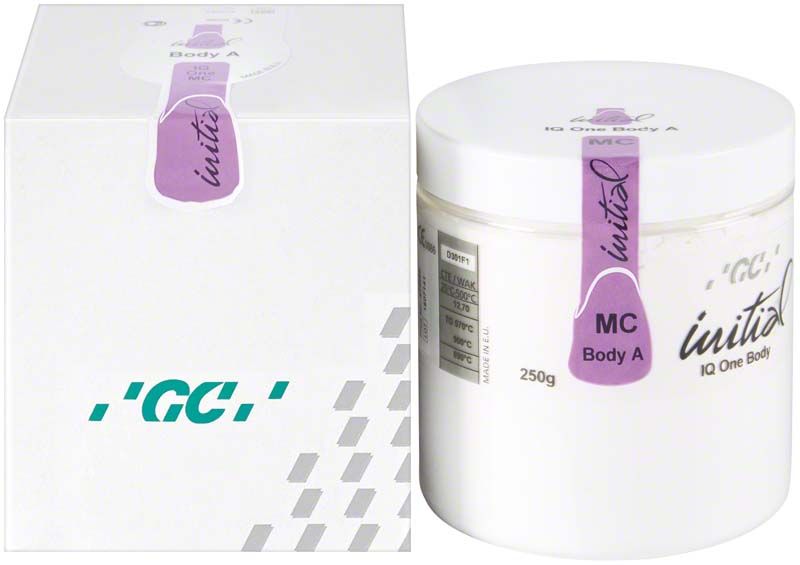 GC Initial IQ One Body L-o-M 250g Behälter und Verpackung mit lila Etikett.