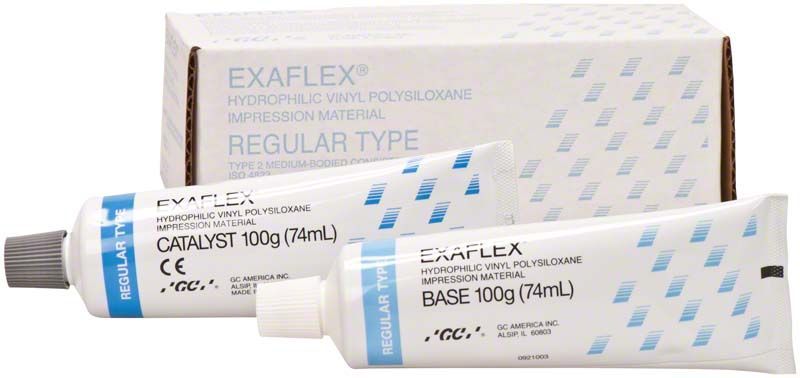 Exaflex® Regular 74ml Basis und 74ml Katalysator Tuben mit Verpackung.