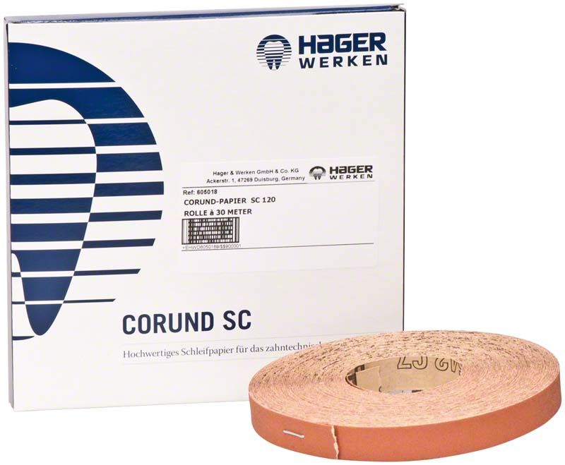 Corund-Papier SC Körnung 120 Rolle vor Verpackung von Hager & Werken.