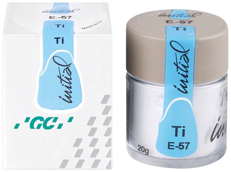 Behälter mit GC Initial Ti Enamel E-57, Produktverpackung sichtbar.