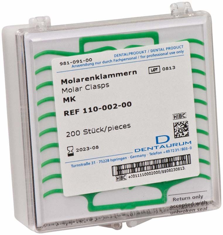 Wachs-Klammerprofile Molaren in transparentem Behälter mit grünen Molarenklammern.