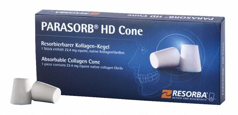 Resorbierbare Kollagenkegel PARASORB® Cone in blauer Verpackung.