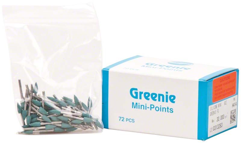 Silikonpolierer Greenie® Schaft FG - Minispitze, 72 Stück, in Verpackung.