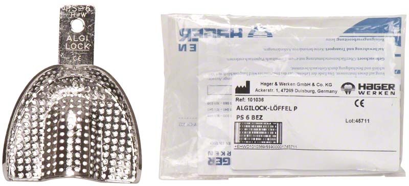 Perforierter Metall-Abformlöffel ALGILOCK-LÖFFEL für die Zahnabformung.