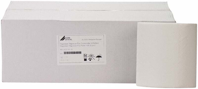 Hygowipe Plus Tücherrolle und Verpackung für medizinische Einrichtungen.