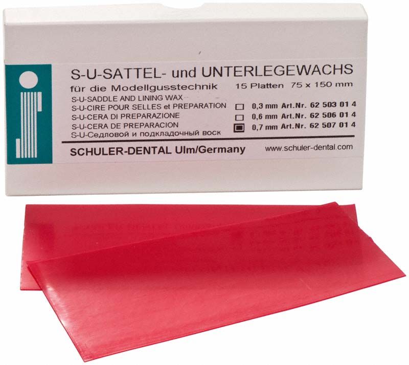S-U-Sattel- und Unterlegewachs Verpackung und rote Wachsplatten.