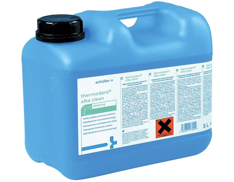 Blauer 5-Liter-Kanister Thermodent Alka Clean mit Etikett und Warnsymbol.