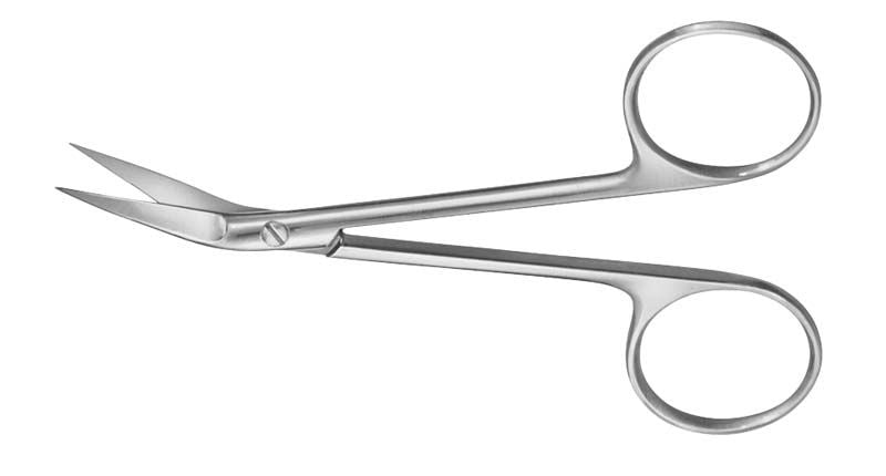 Seitwärts gebogene, spitze Fadenschere aus Metall.