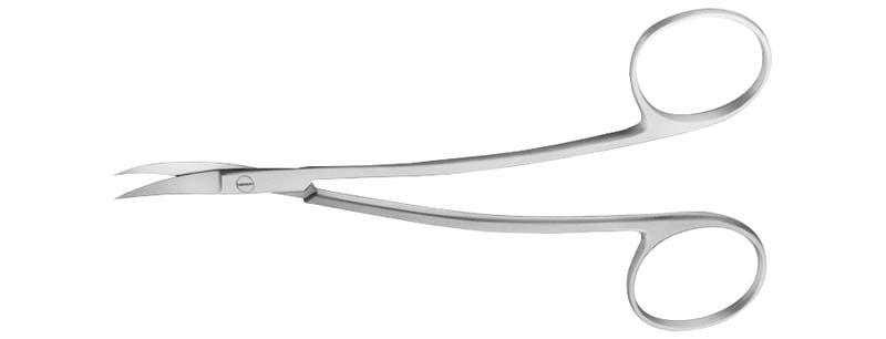 Gebogene Zahnfleischschere mit gezahnter Schneide für präzise Dentalanwendungen.