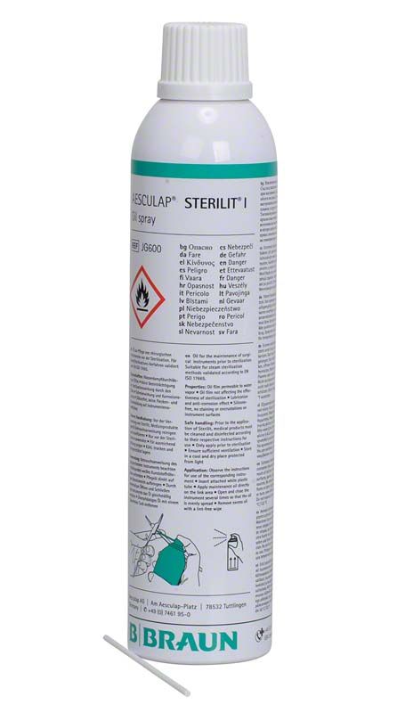 STERILIT® Ölspray-Flasche mit Gefahrenhinweis und Anwendungshinweisen.