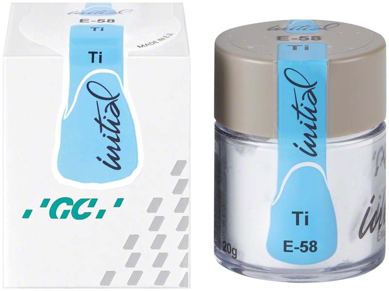GC Initial Ti Enamel E-58 in transparentem Behälter neben Verpackung.