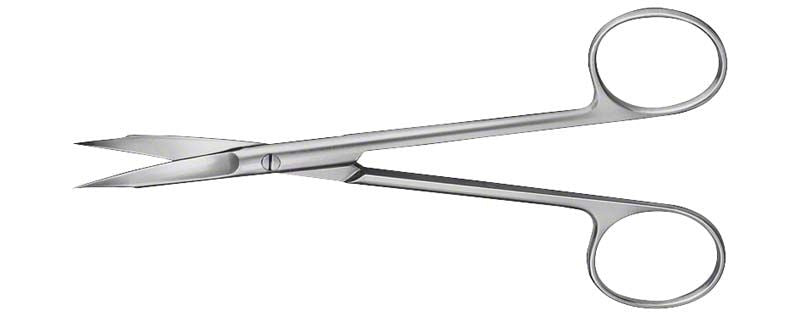 Gebogene Zahnfleischschere aus Edelstahl mit feiner gezahnter Schneide.