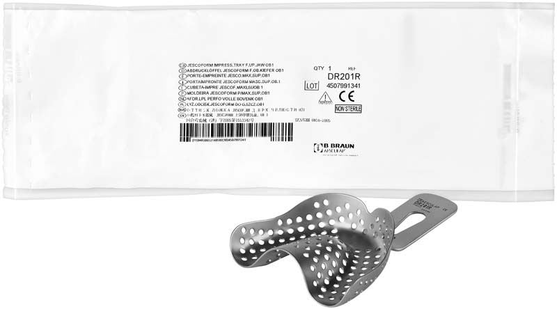 JESCO-Form Abdrucklöffel OK bezahnt OB 1 mit Verpackung im Hintergrund.