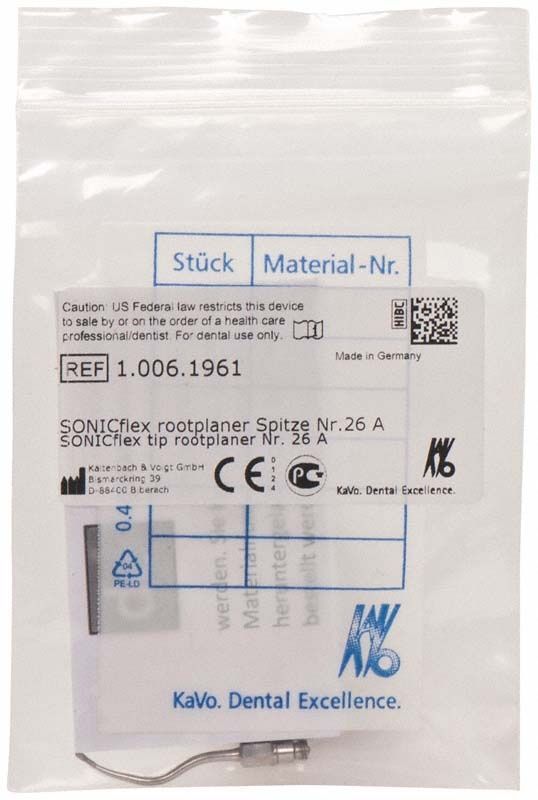 Verpackung der SONICflex rootplaner Spitze Form 26A mit Aufdruck und QR-Code.