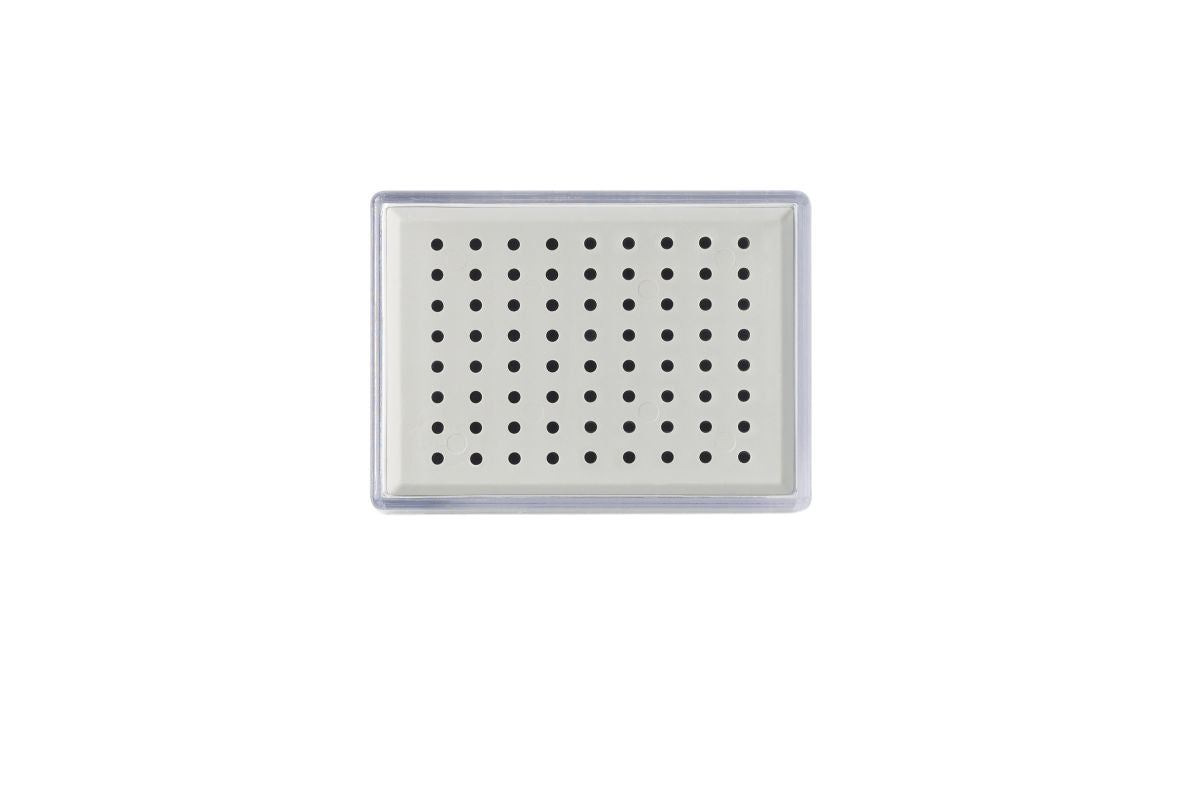 Monoart Bohrerständer RA72 mit Kunststoffdeckel, ideal für Zahnarztpraxen.