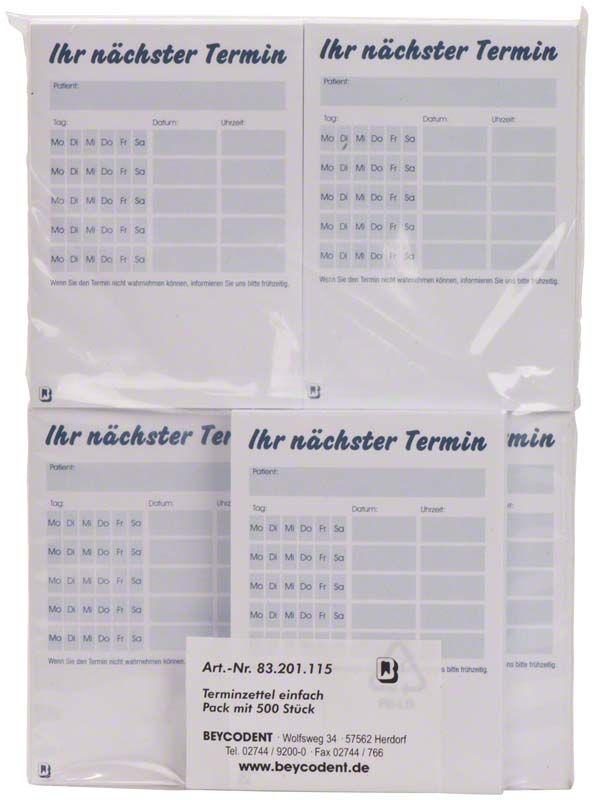 Terminzettel für Zahnarztpraxis mit Wochentagen und Datumsfeldern.
