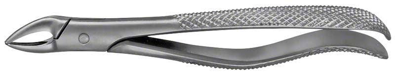 Metallische Zahnzange für UK Eckzähne und Prämolaren mit geriffeltem Griff.
