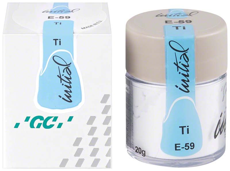 GC Initial Ti Enamel E-59 Zahnersatzmaterial in Glasbehälter mit Verpackung.
