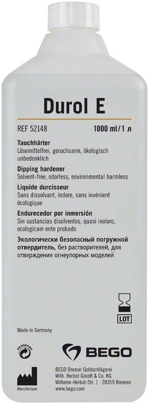 Durol E Härteliquid Öko in weißer Flasche mit mehrsprachigem Etikett.