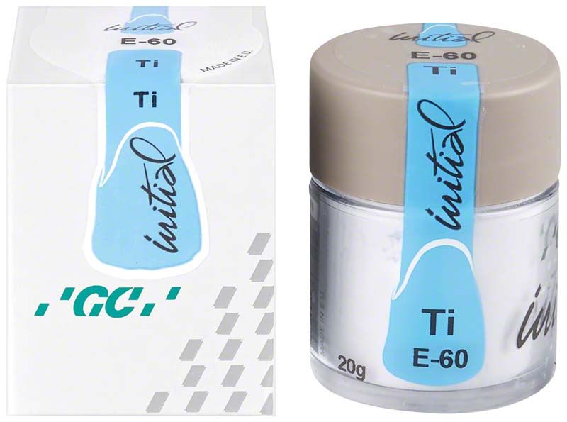 GC Initial Ti Enamel E-60 in Verpackung und Glasbehälter.