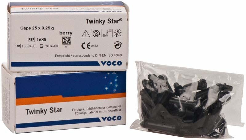 Verpackung von Twinky Star Caps berry mit Glitzereffekt.