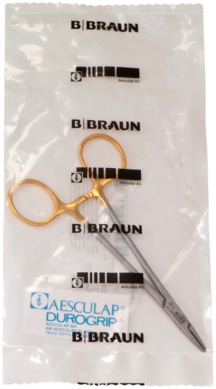 DUROGRIP® Nadelhalter BABY-CRILE-WOOD mit vergoldeten Ringen in Verpackung.