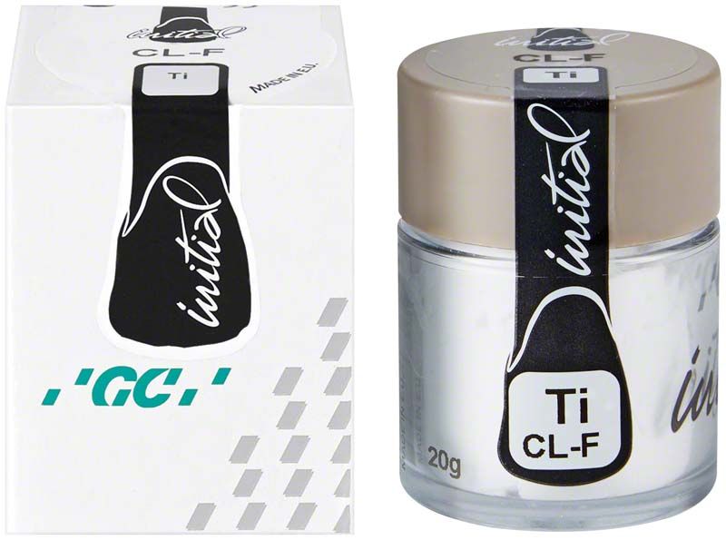 Glasbehälter mit GC Initial Ti Clear Fluorescence CL-F und Verpackung.