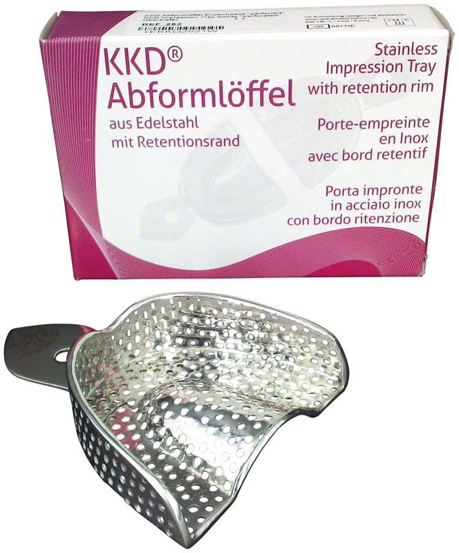 Perforierter Abdrucklöffel aus Edelstahl vor Produktverpackung.