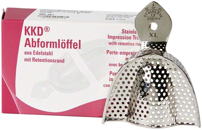 Abformlöffel perforiert OK-1 XL aus Edelstahl vor Verpackung.