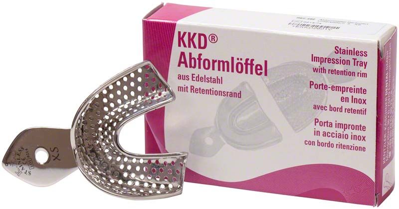 Abformlöffel aus Edelstahl mit Verpackung und Retentionsrand.