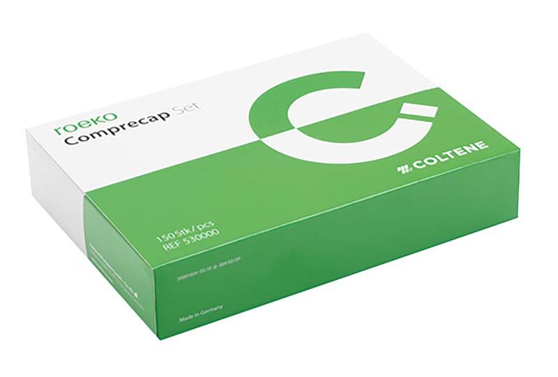 ROEKO Comprecap Kompressionshütchen-Verpackung mit grünem Logo und Produktinformationen.