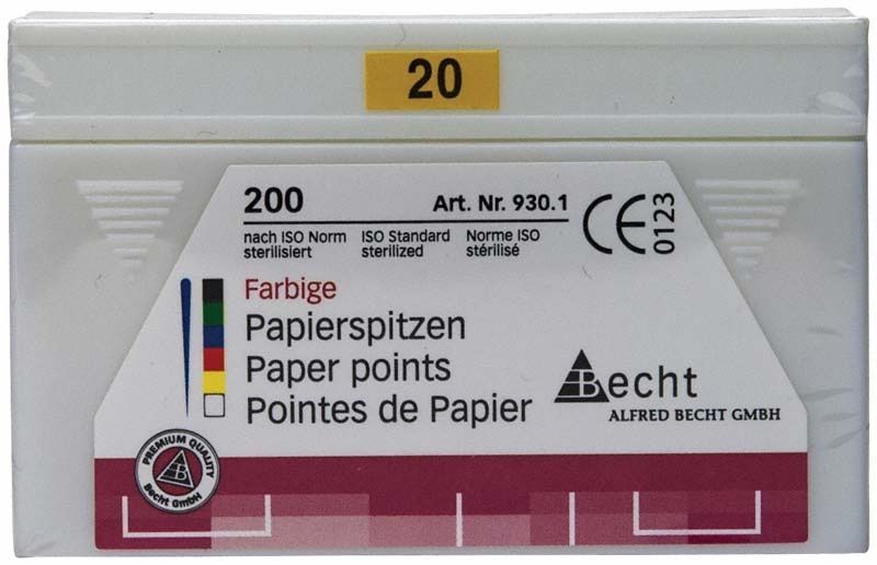 Verpackung von Papierspitzen Gr. 020, gelb, 200 Stück, sterilisiert.